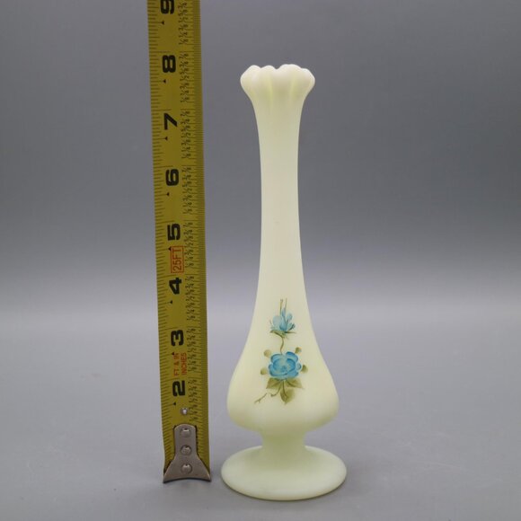 Fenton Yellow Satin Custard Glass Hand Painted Bud Vase Blue Satin Roses Signed - Picture 9 of 9